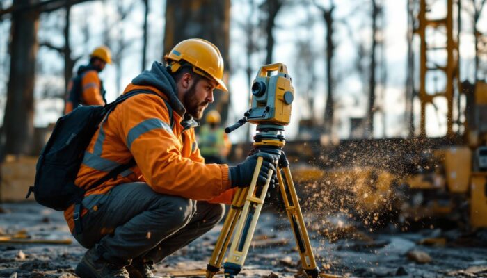 A photograph of a trimble industrial robotic gps survey equipment in action