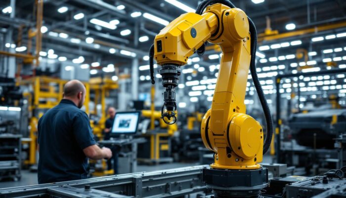 A photograph of a state-of-the-art industrial robotic arm in action at a general dynamics land systems facility