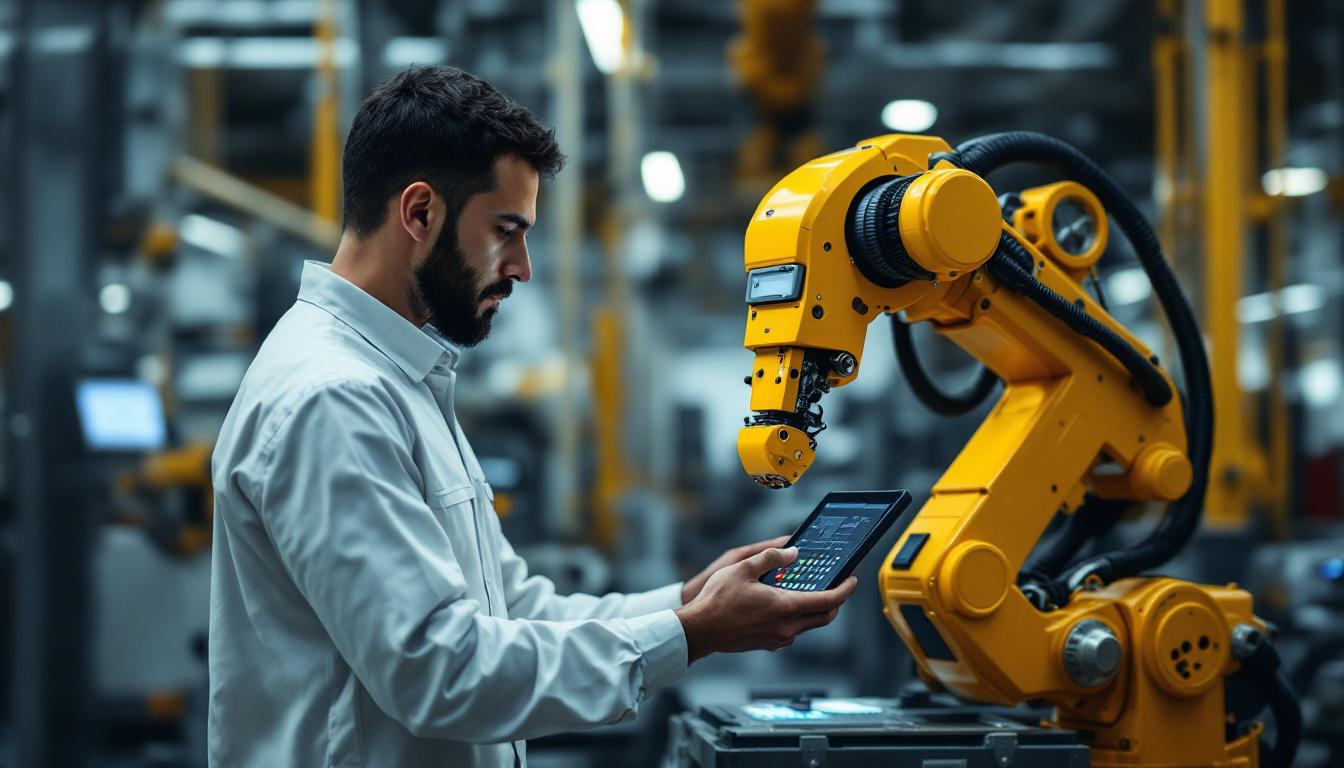 A photograph of a skilled technician programming or operating an industrial robot in a modern manufacturing facility