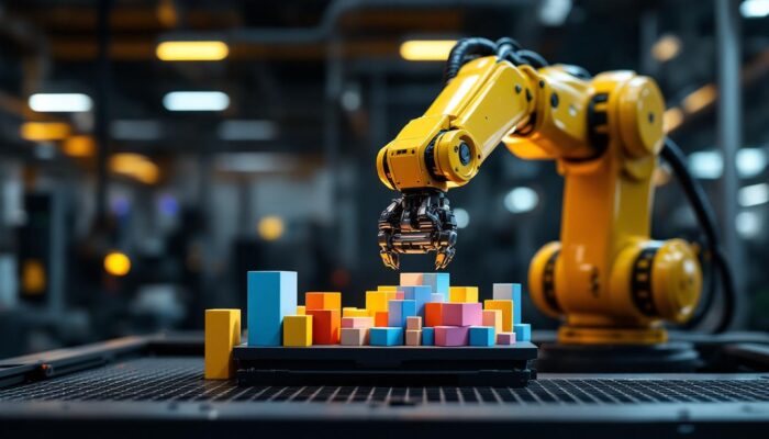 A photograph of a dynamic industrial robotic arm in action