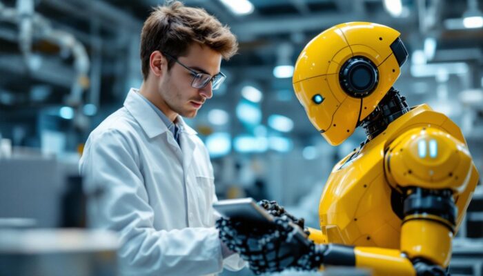 A photograph of a young biomedical engineer working alongside an industrial robot in a modern lab setting