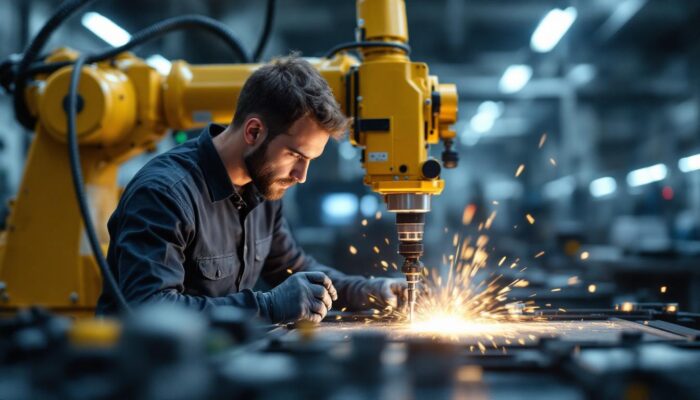 A photograph of a skilled laser technician operating advanced industrial robotic machinery in a high-tech workshop