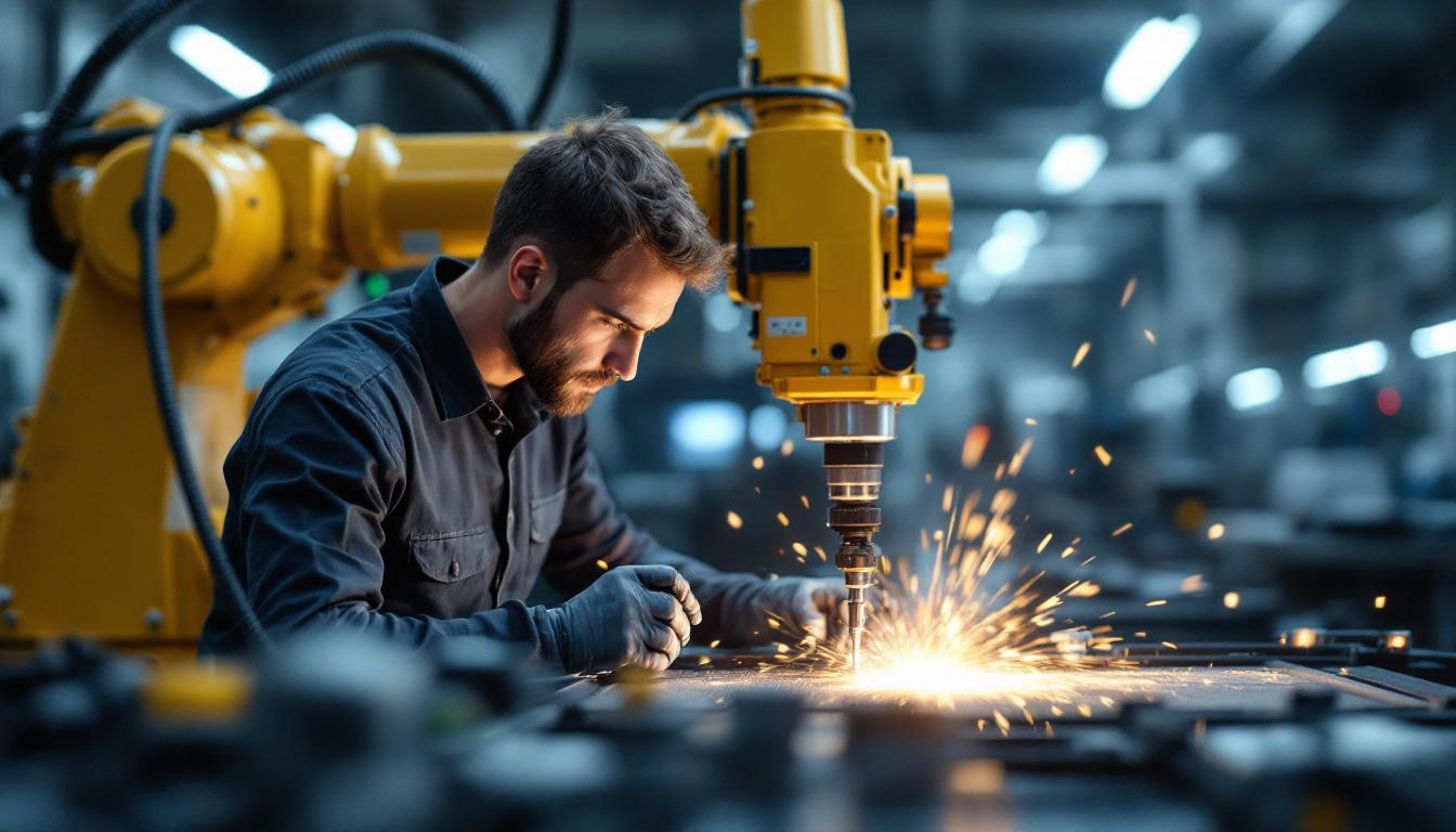 A photograph of a skilled laser technician operating advanced industrial robotic machinery in a high-tech workshop