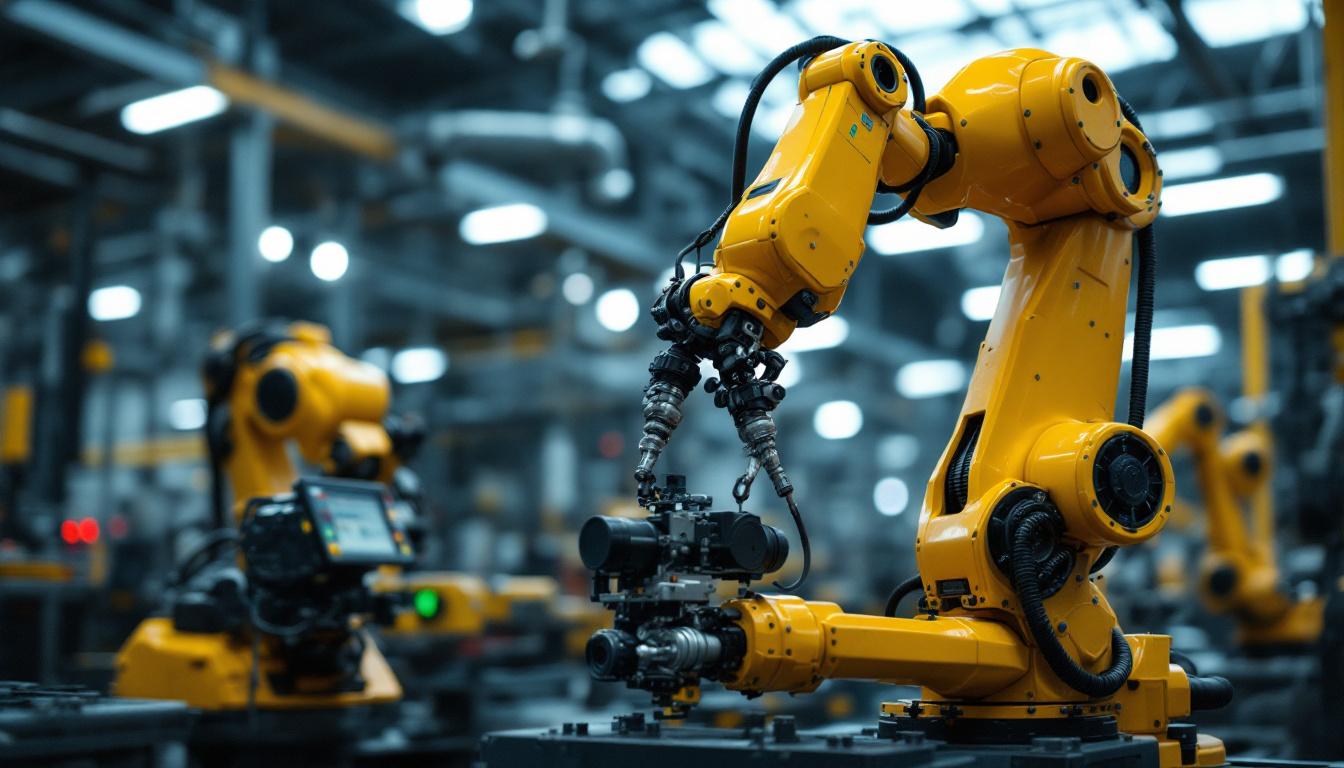 A photograph of a vibrant yellow industrial robot in action within a manufacturing environment