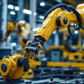 A photograph of a dynamic industrial robotic arm in action