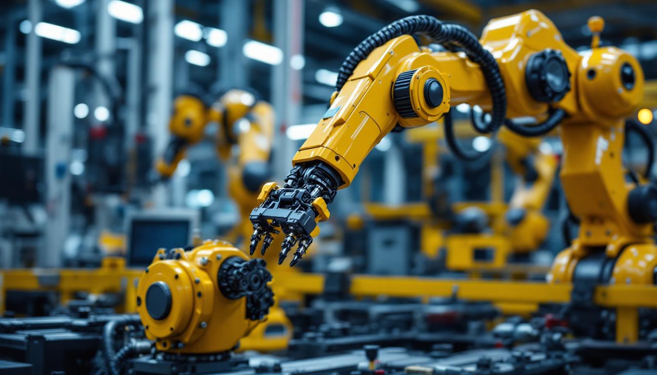 A photograph of a dynamic industrial robotic arm in action