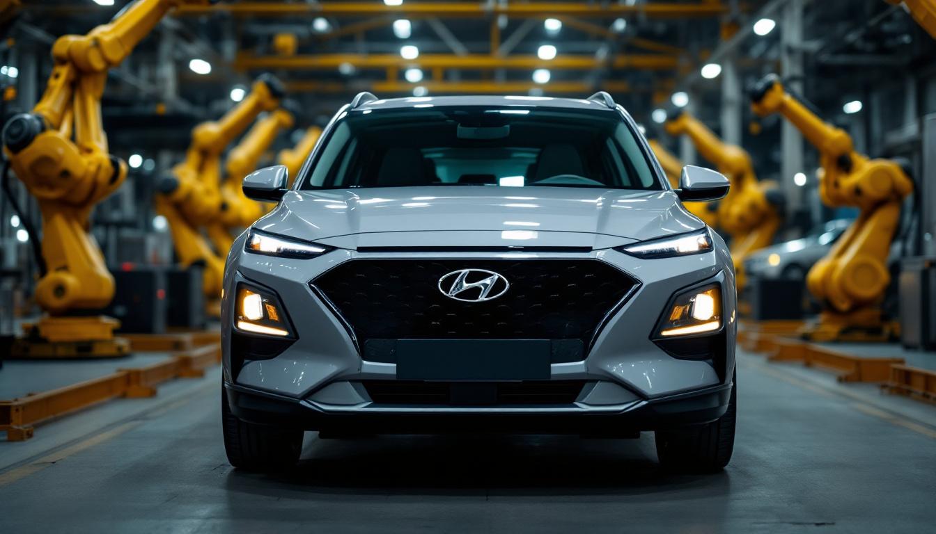 A photograph of a hyundai vehicle prominently displayed in an urban boston setting