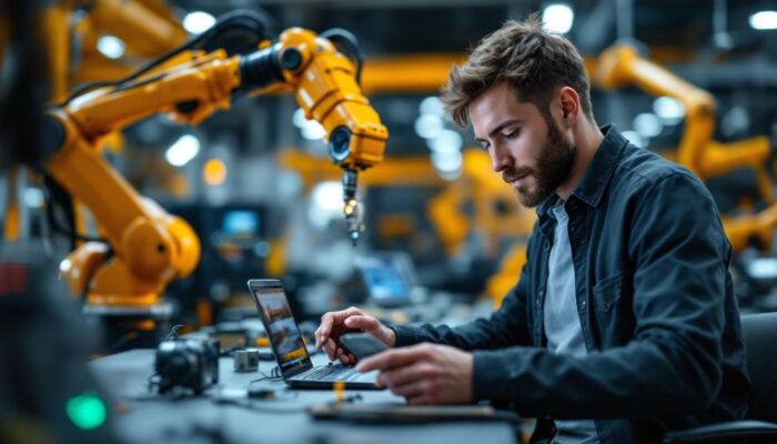 A photograph of a skilled entry-level embedded engineer working on an industrial robotic arm