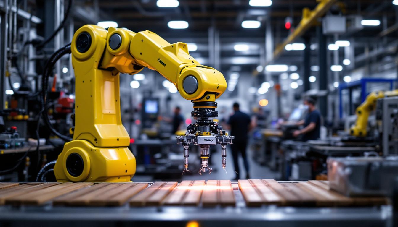 A photograph of a dynamic industrial robotic arm in action at the subway cambridge facility
