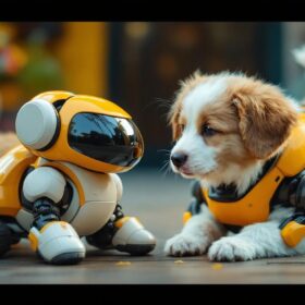A photograph of a playful dog interacting with a robotic device in a vibrant outdoor setting