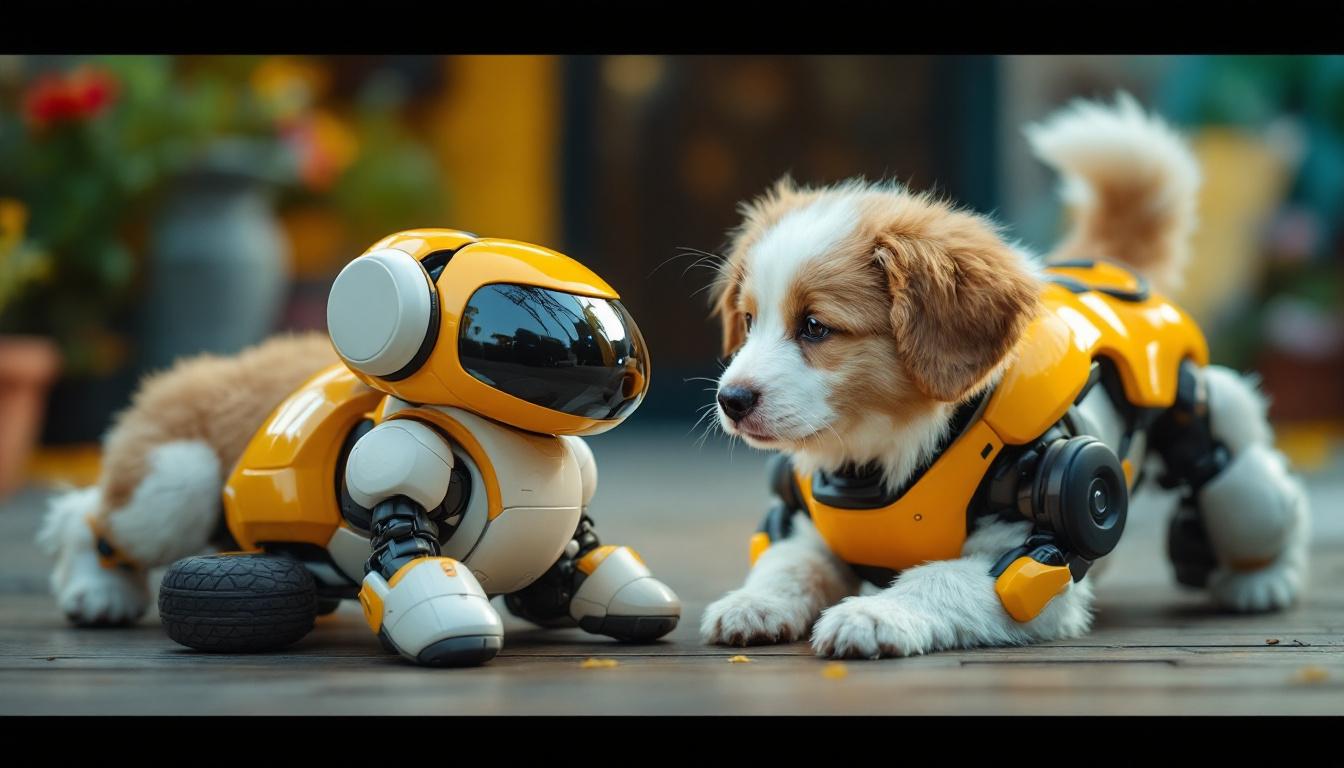 A photograph of a playful dog interacting with a robotic device in a vibrant outdoor setting