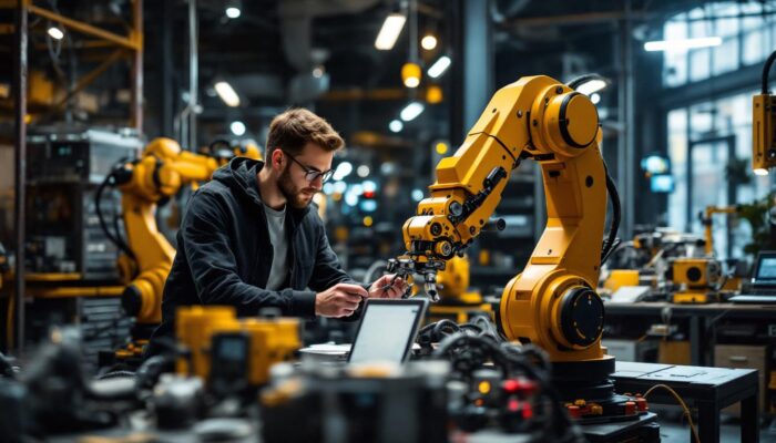 A photograph of a dynamic industrial robotics workspace in nyc