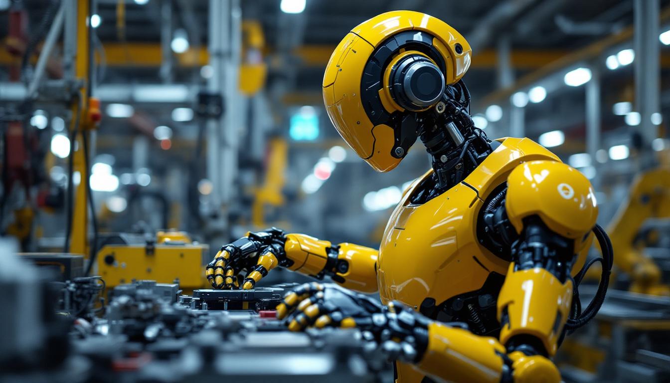 A photograph of a dynamic industrial robot in action within a manufacturing setting