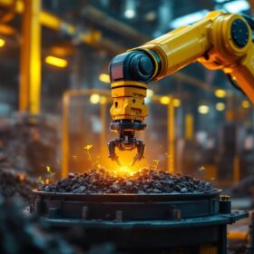 A photograph of a dynamic industrial setting featuring a robotic arm in action