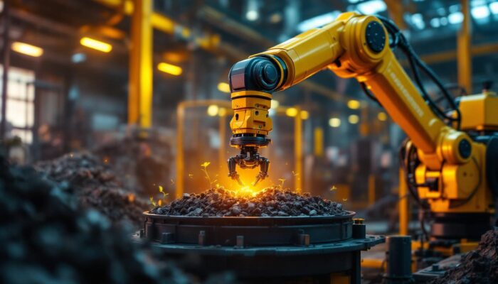 A photograph of a dynamic industrial setting featuring a robotic arm in action