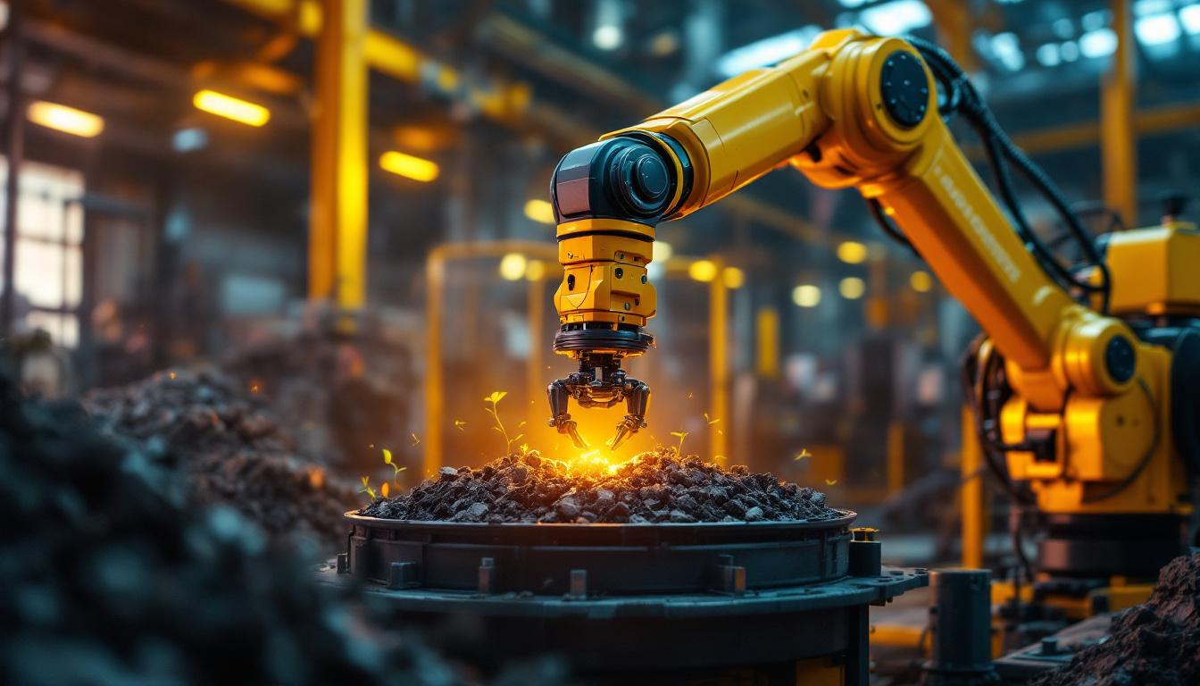 A photograph of a dynamic industrial setting featuring a robotic arm in action