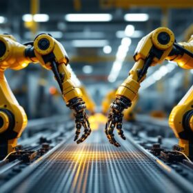 A photograph of a pair of industrial robotic arms working in tandem on an assembly line