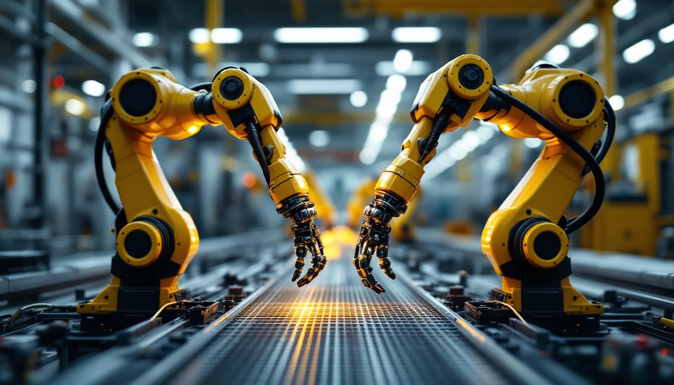 A photograph of a pair of industrial robotic arms working in tandem on an assembly line