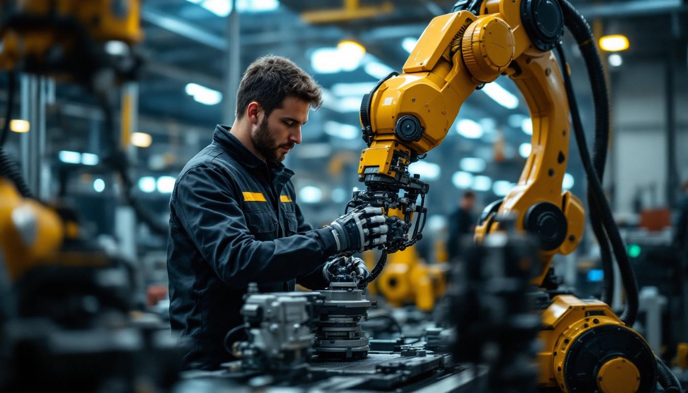 A photograph of a skilled technician operating an industrial robotic arm in a dynamic workshop setting