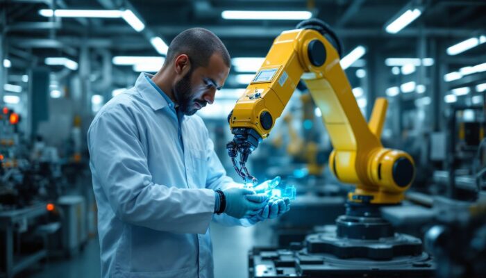A photograph of a skilled technician operating an industrial robotic arm in a clean