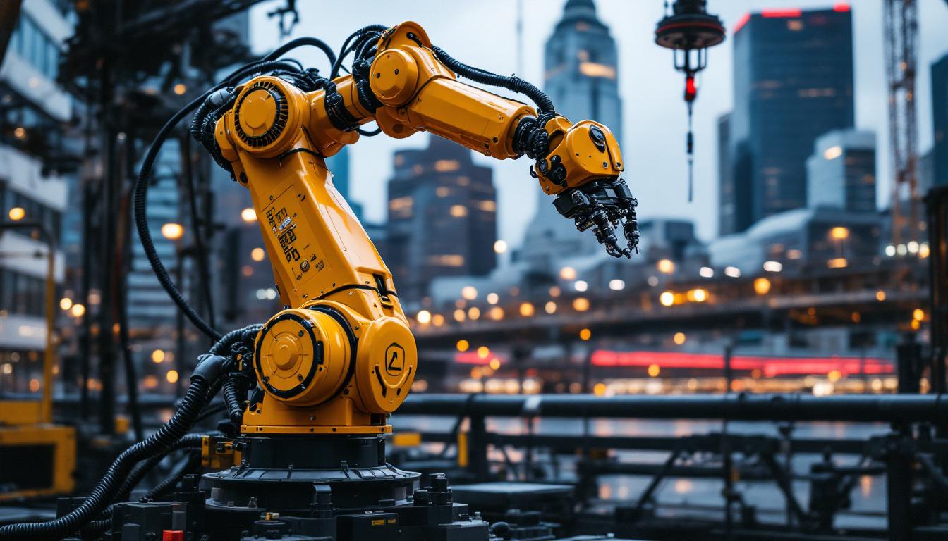 A photograph of a dynamic industrial robotic arm in action within the bustling seaport district of boston