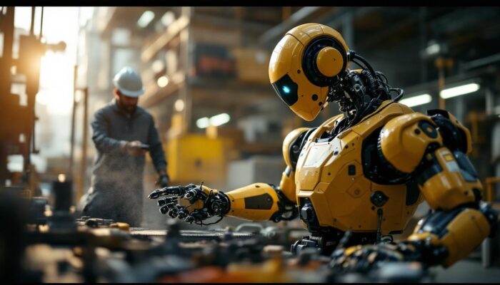 A photograph of a dynamic scene showcasing an industrial robot in action within the boston public works department