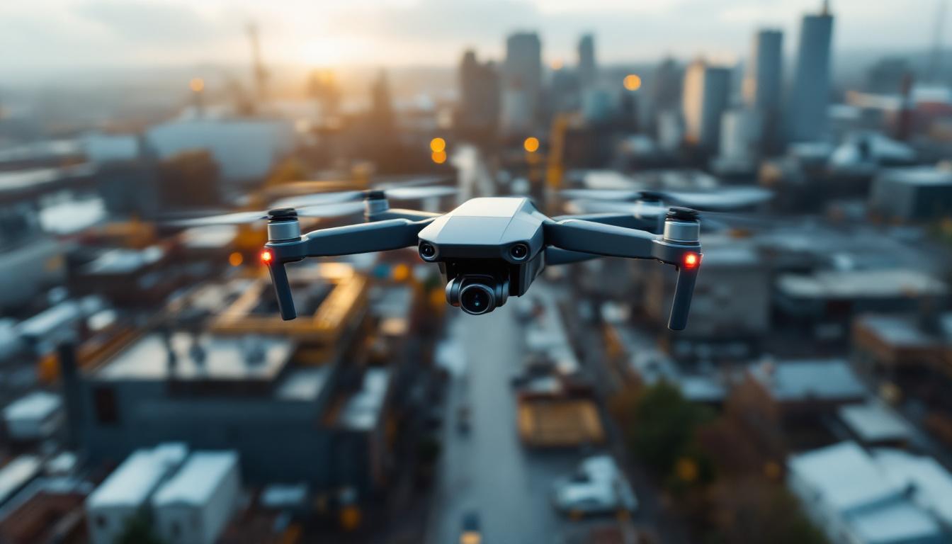 A photograph of a drone flying over a massachusetts industrial landscape