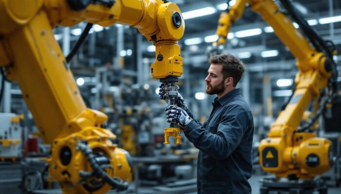 A photograph of a skilled technician adjusting the height of a stair riser on an industrial robot