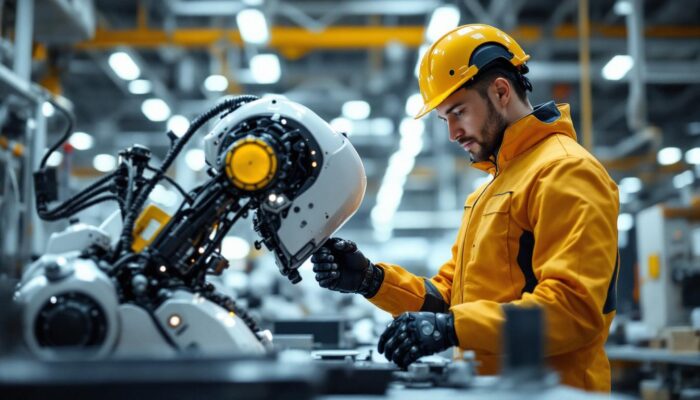 A photograph of a young ai engineer working alongside an industrial robot in a modern manufacturing environment