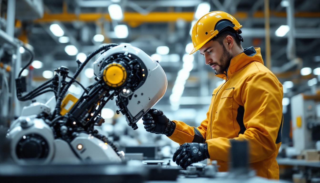 A photograph of a young ai engineer working alongside an industrial robot in a modern manufacturing environment