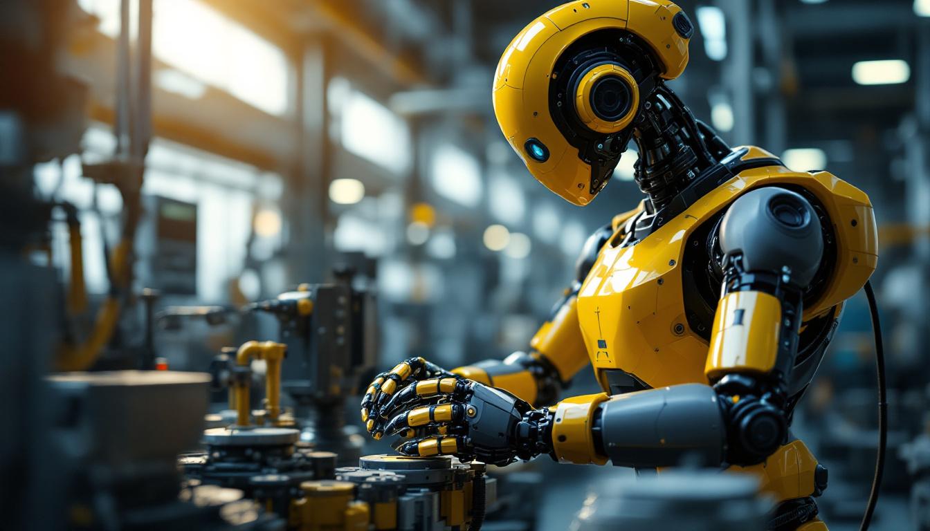 A photograph of a sleek industrial robot in action within a manufacturing environment