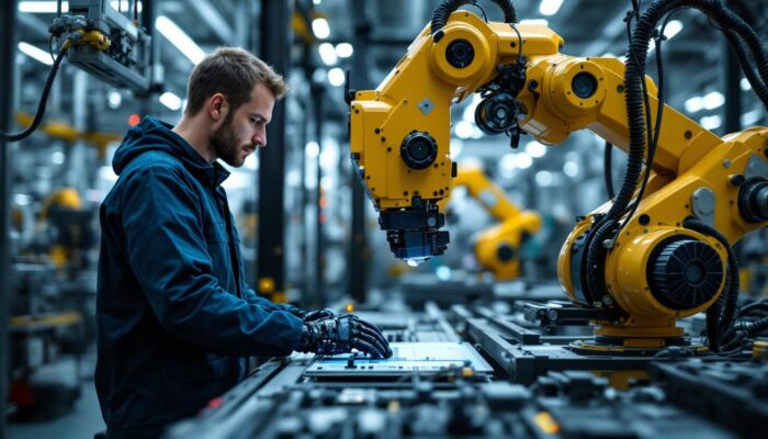 A photograph of a skilled technician programming or operating an industrial robot in a modern manufacturing facility