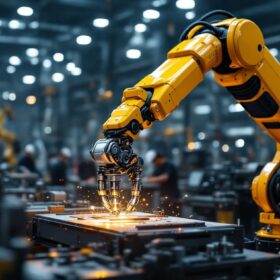 A photograph of capture a photograph of a sleek industrial robotic arm in action within a modern manufacturing environment