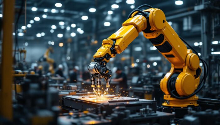 A photograph of capture a photograph of a sleek industrial robotic arm in action within a modern manufacturing environment