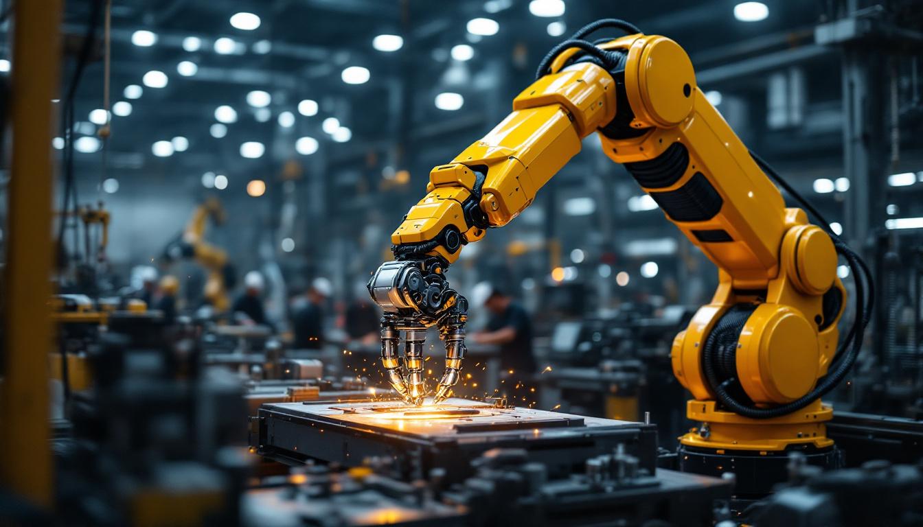 A photograph of capture a photograph of a sleek industrial robotic arm in action within a modern manufacturing environment