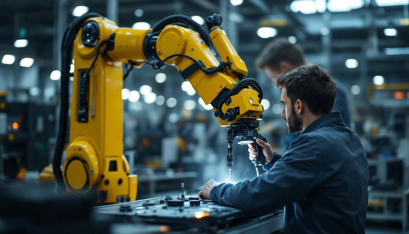 A photograph of a skilled technician performing maintenance on a high-tech industrial robotic arm