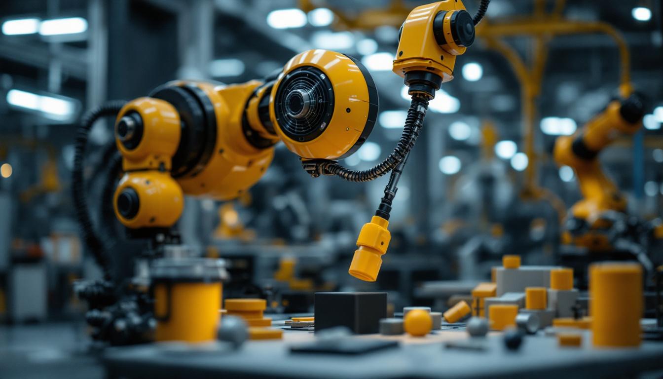 A photograph of a dynamic scene featuring an industrial robot in action