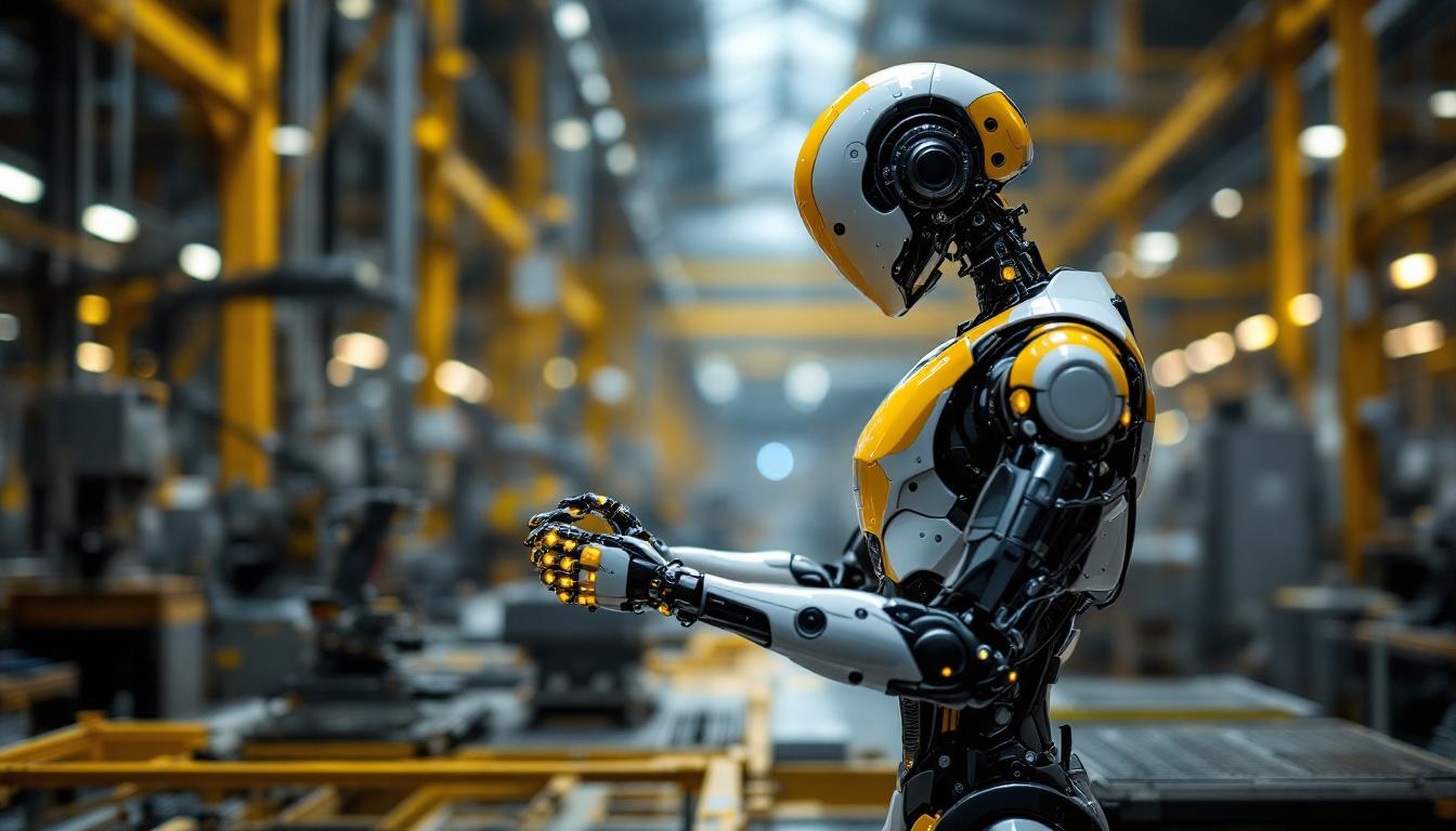 A photograph of a humanoid industrial robot in action on a factory floor