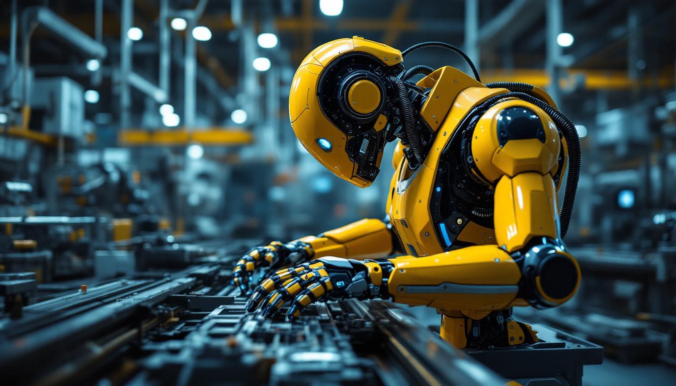 A photograph of a high-tech industrial robot in action within a manufacturing setting