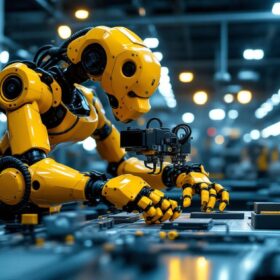 A photograph of a modern industrial robot in action on a factory floor