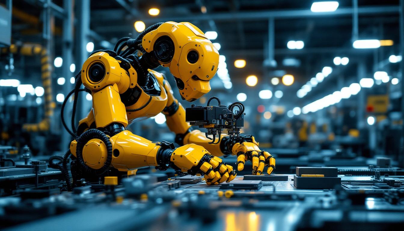 A photograph of a modern industrial robot in action on a factory floor
