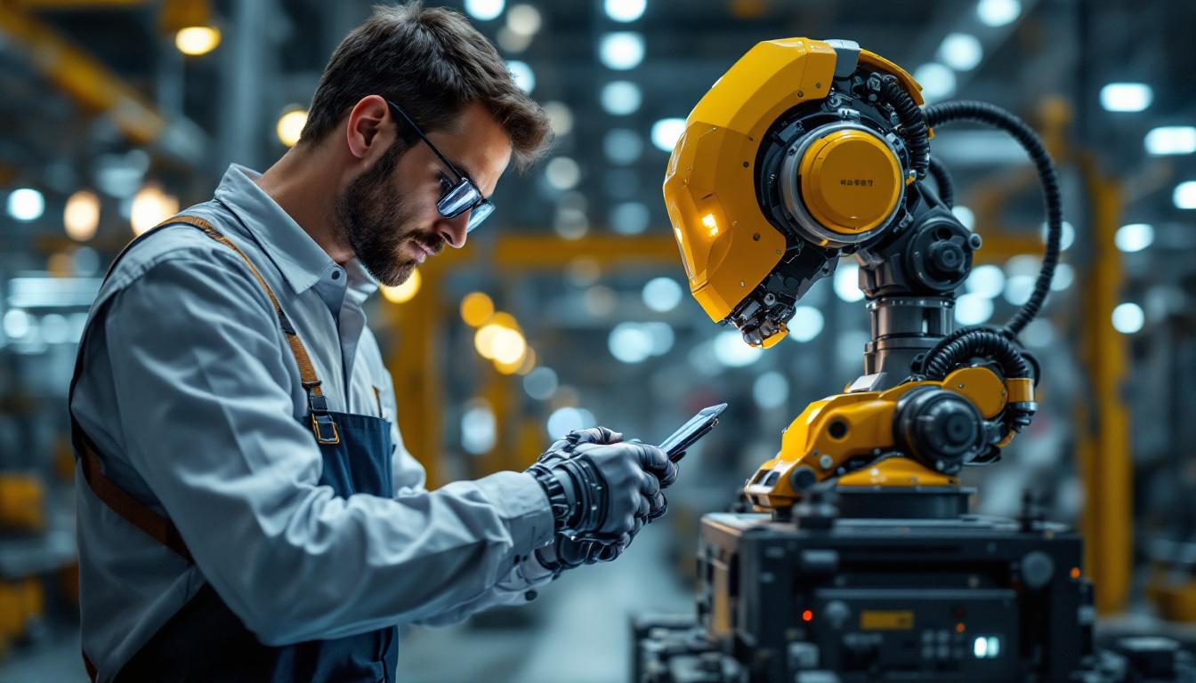 A photograph of a skilled engineer working on an advanced industrial robot in a modern manufacturing setting