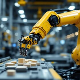 A photograph of a sleek industrial robotic arm in action