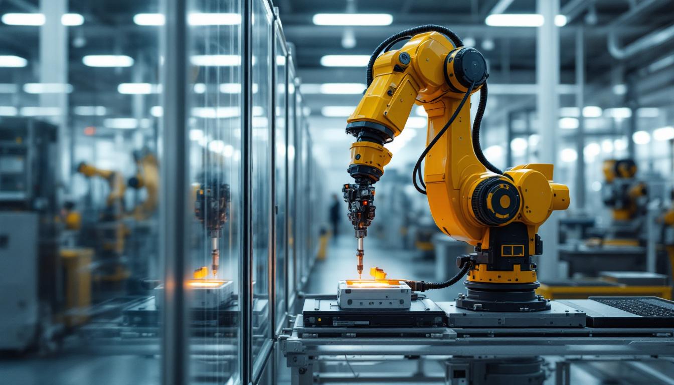 A photograph of capture a photograph of a sleek industrial robotic arm in action within a medical device manufacturing facility