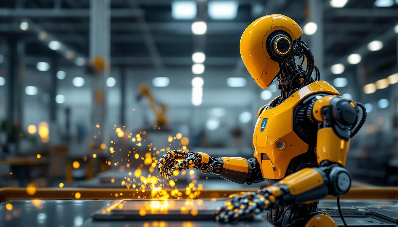 A photograph of a sleek industrial robot in action within a modern manufacturing facility in dubai