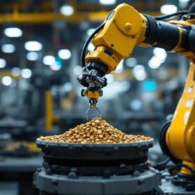 A photograph of capture a photograph of an industrial robotic arm in action