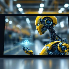 A photograph of a sleek android tablet displaying a 3d model of an industrial robot