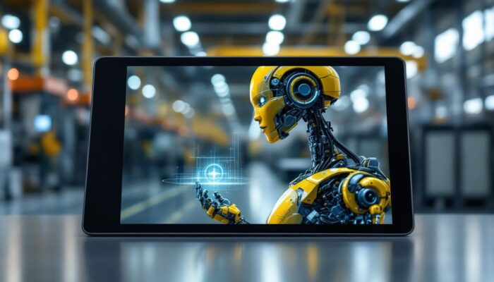 A photograph of a sleek android tablet displaying a 3d model of an industrial robot