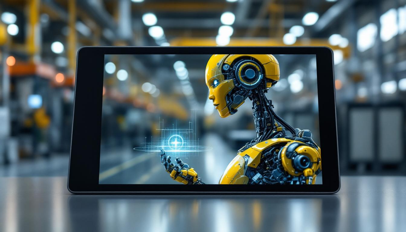 A photograph of a sleek android tablet displaying a 3d model of an industrial robot