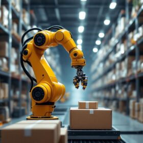 A photograph of a sleek industrial robotic arm in action within a modern logistics warehouse